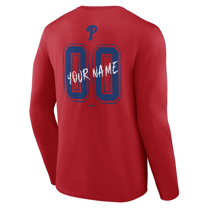 T-shirt à manches longues pour homme Philadelphia Phillies Hustle rouge, personnalisé avec nom et numéro