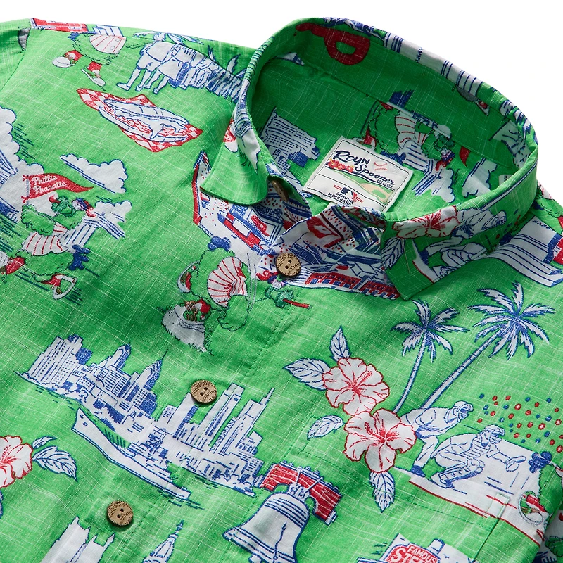 Chemise hawaïenne Reyn Spooner bleu clair Philadelphia Phillies pour homme, grandes tailles, performance scénique, mélange de trois matières, à boutons.
