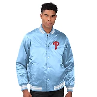 Veste universitaire en satin bleu clair Starter pour homme, avec boutons-pression, vestiaire des Philadelphia Phillies