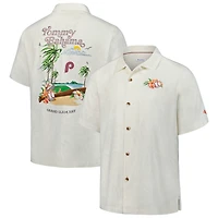 Chemise boutonnée en soie Tommy Bahama Cream pour homme, collection Cooperstown des Philadelphia Phillies, Grand Slam Bay Camp