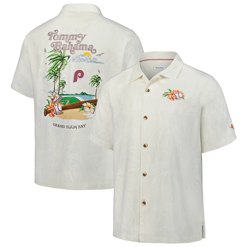 Chemise boutonnée en soie Tommy Bahama Cream pour homme, collection Cooperstown des Philadelphia Phillies, Grand Slam Bay Camp