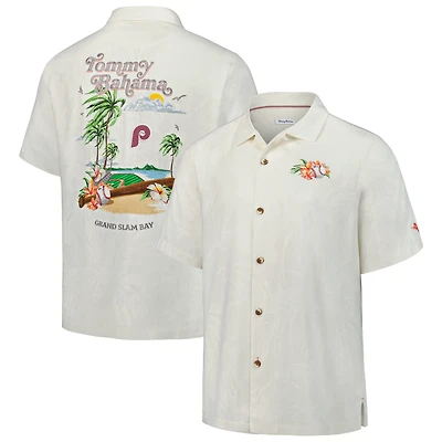 Chemise boutonnée en soie Tommy Bahama Cream pour homme, collection Cooperstown des Philadelphia Phillies, Grand Slam Bay Camp