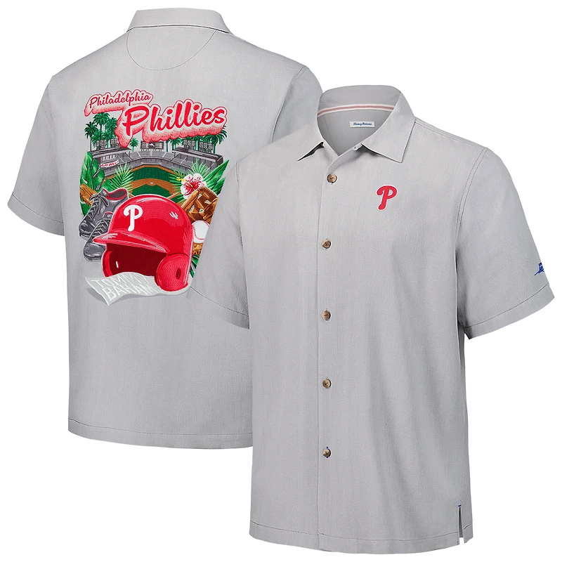 Chemise boutonnée en soie Tommy Bahama grise pour homme, motif Hit and Run des Philadelphia Phillies