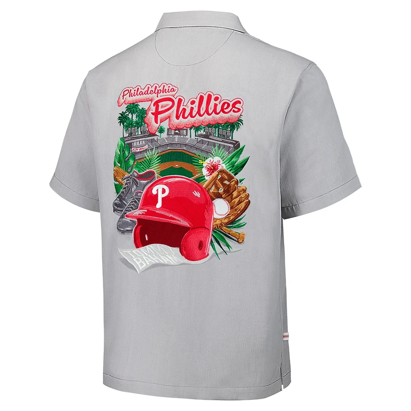 Chemise boutonnée en soie Tommy Bahama grise pour homme, motif Hit and Run des Philadelphia Phillies