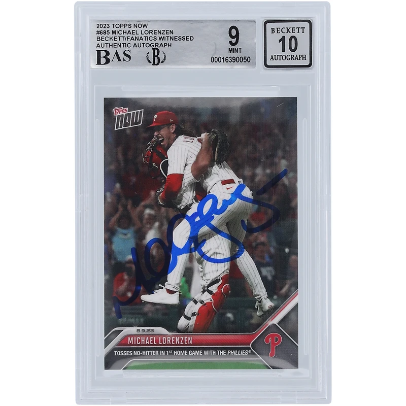Michael Lorenzen Philadelphia Phillies Autographié Topps 2023 Lance Maintenant No-Hitter #685 Beckett Fanatics Witnessed Authenticed 9/10 Card