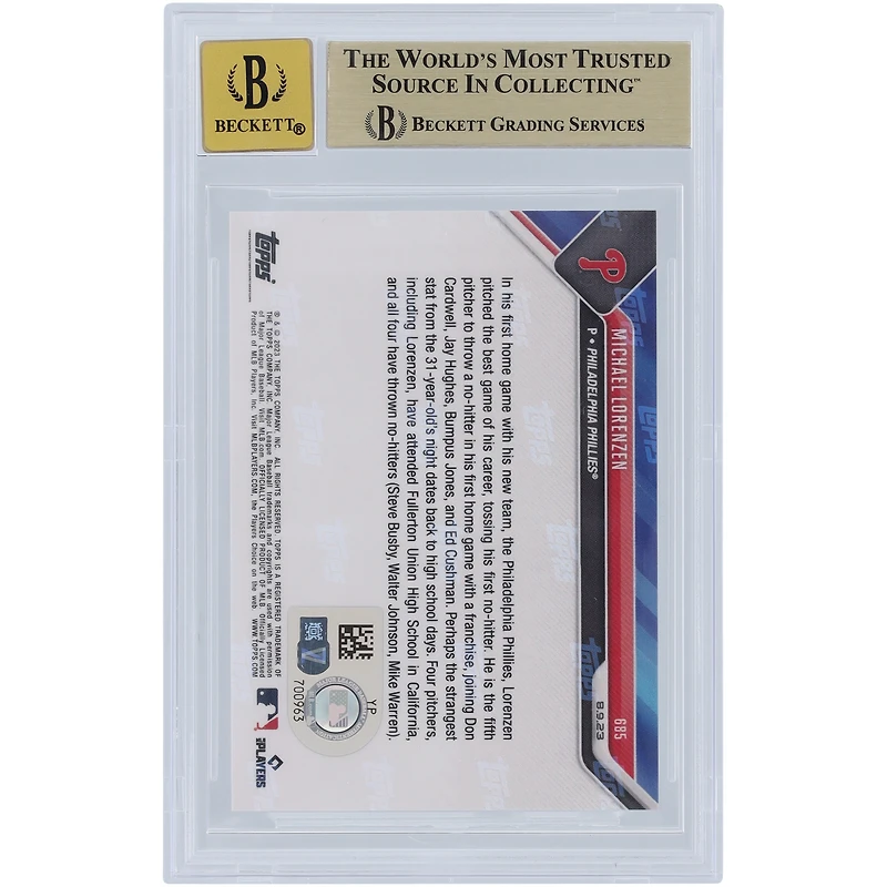 Michael Lorenzen Philadelphia Phillies Autographed 2023 Topps Now Tosses No-Hitter #685 Beckett Fanatics Witnessed Authenticated / Card