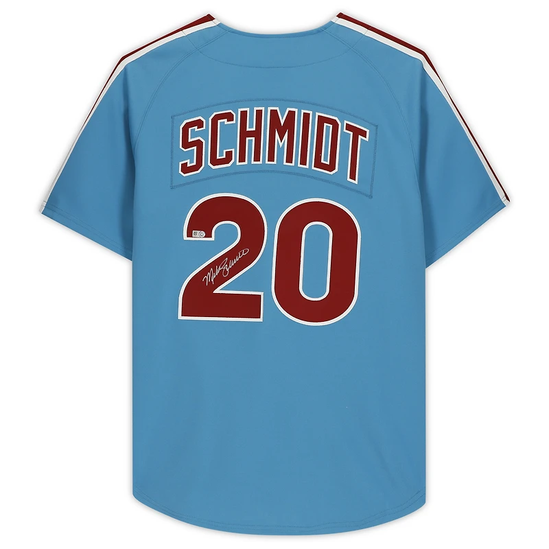 Maillot authentique Mitchell & Ness autographié par Mike Schmidt, joueur des Phillies de Philadelphie, bleu clair