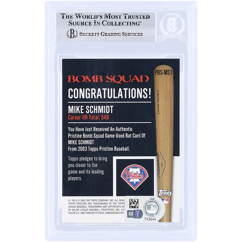 Mike Schmidt Philadelphia Phillies Autographed 2003 Topps Pristine Bomb Squad Relic #PBS-MS1 Beckett Fanatics Witnessed Authenticated Card