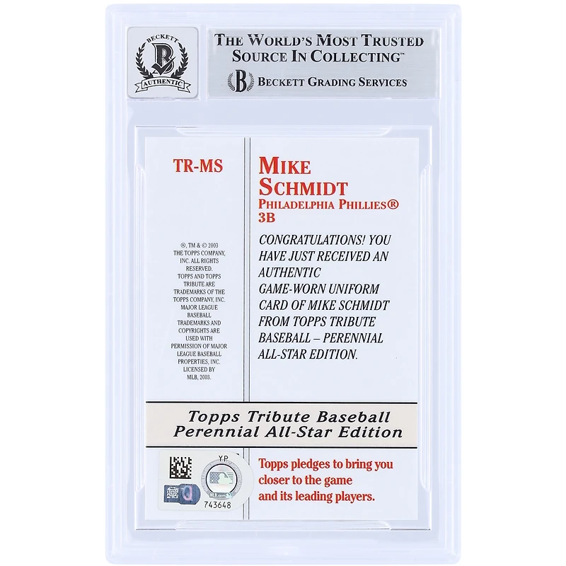 Mike Schmidt Philadelphia Phillies Autographed 2003 Topps Tribute Perennial All-Star Relic #TR-MS Beckett Fanatics Witnessed Authenticated 10 Card