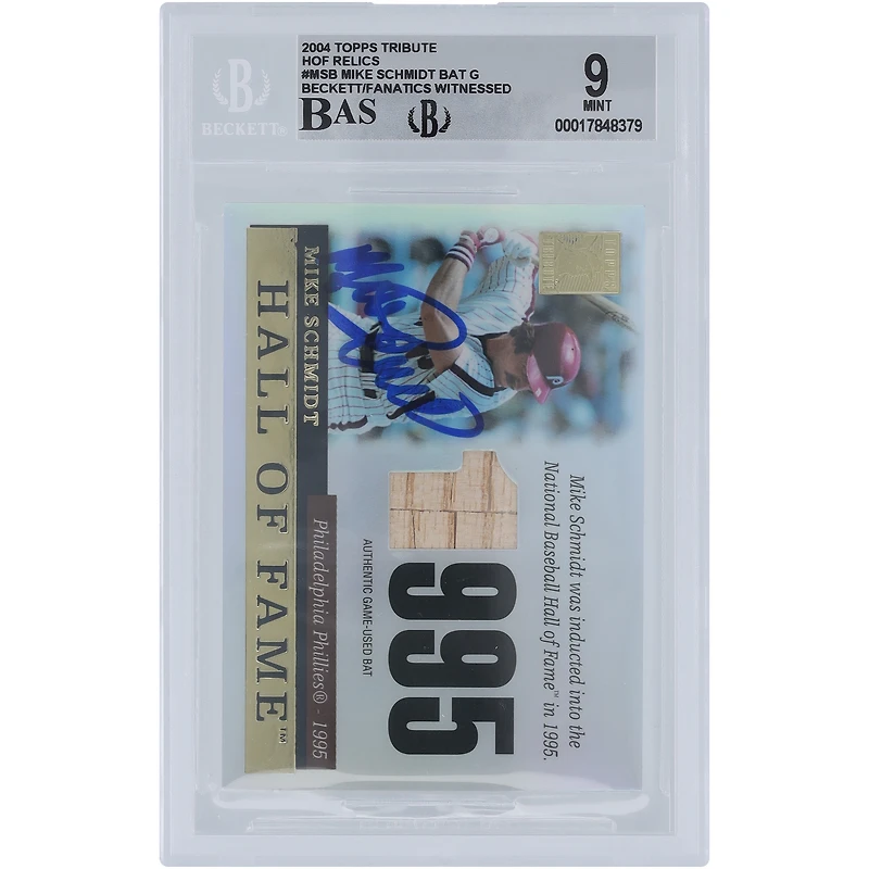 Mike Schmidt, relique de batte autographiée des Phillies de Philadelphie 2004 Topps Tribute Hall of Fame #TR-MSB, carte 9/10 authentifiée et témoin des fanatiques de Beckett