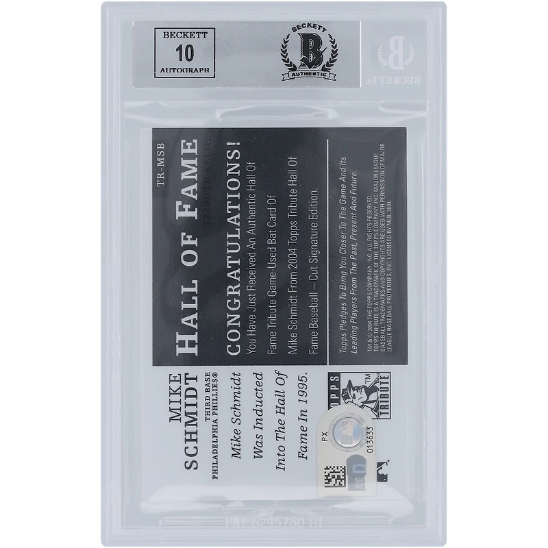 Mike Schmidt, relique de batte autographiée des Phillies de Philadelphie 2004 Topps Tribute Hall of Fame #TR-MSB, carte 9/10 authentifiée et témoin des fanatiques de Beckett