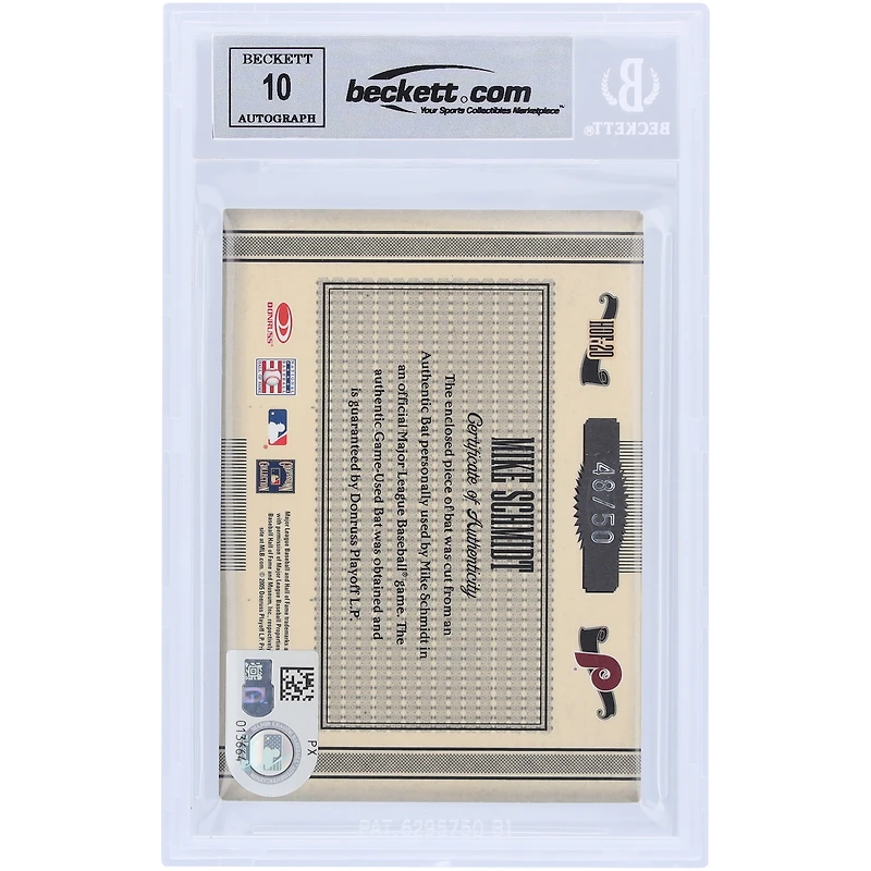 Mike Schmidt Philadelphia Phillies Autographed 2005 Donruss Timeless Treasures HOF Materials GU Bat Relic #HOF-20 #/50 Beckett Fanatics Witnessed Authenticated 10 Card