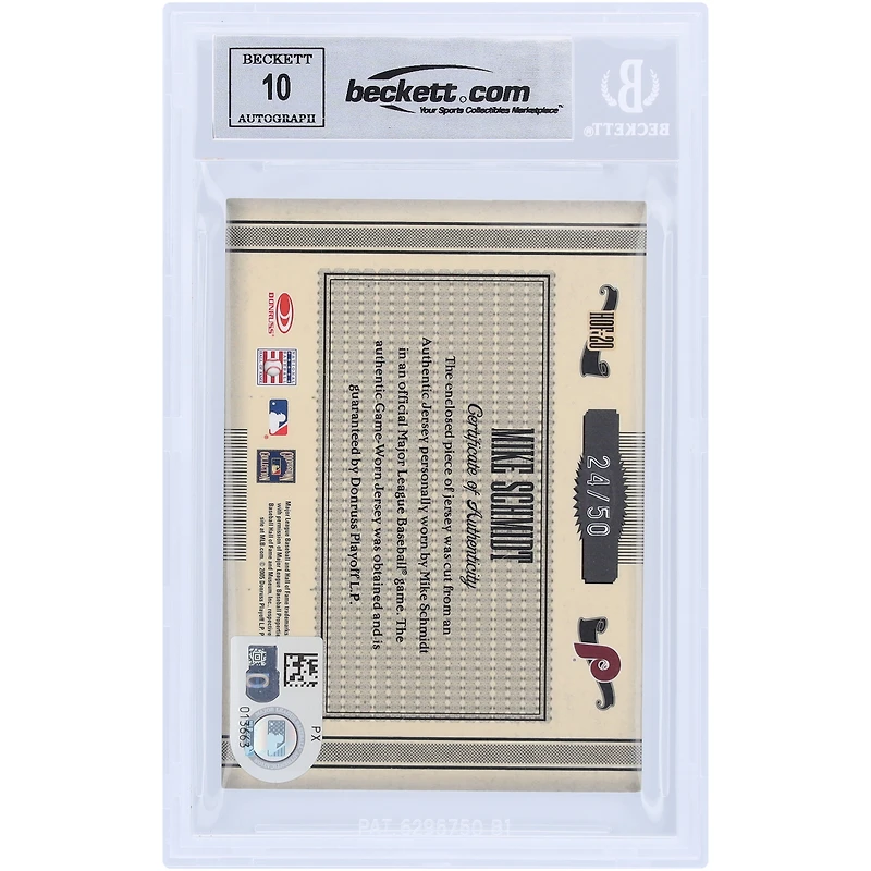Mike Schmidt Philadelphia Phillies Autographié 2005 Donruss Timeless Treasures HOF Materials GU Jersey White Relic #HOF-20 #/50 Beckett Fanatics Witnessed Authenticated 10 Card