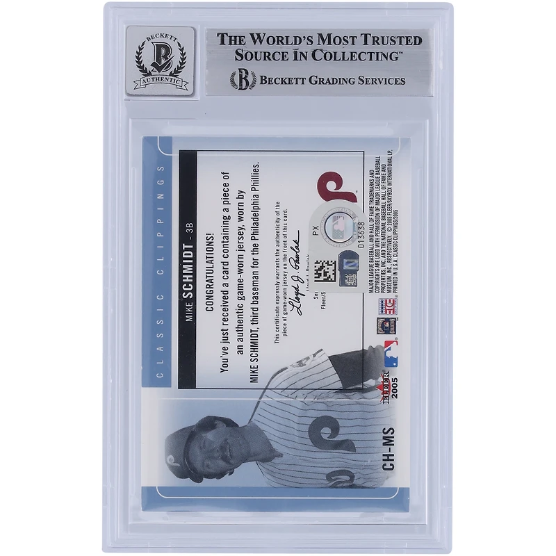 Maillot relique autographié par Mike Schmidt des Phillies de Philadelphie lors du Fleer Classic 2005, coupe historique #CH-MS, carte 10 authentique vue par les fanatiques de Beckett