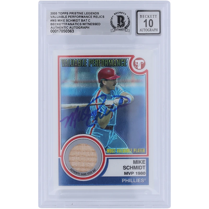 Mike Schmidt Philadelphia Phillies Autographié 2005 Topps Pristine Legends Relique de batte de performance précieuse #VP-MS Beckett Fanatics Witnessed Authenticated 10 Card