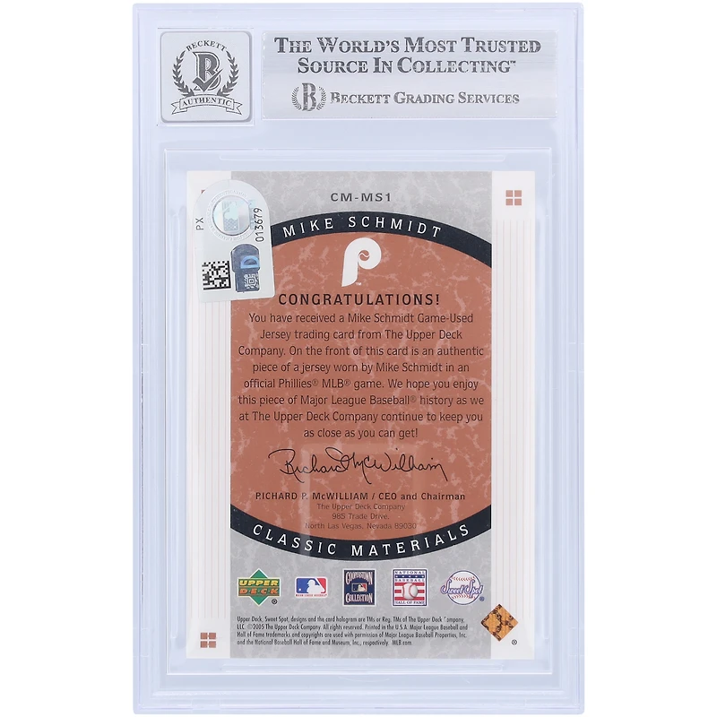 Mike Schmidt Philadelphia Phillies Autographié 2005 Upper Deck Sweet Spot Classic Materials GU Relic #CM-MS1 Beckett Fanatics Witnessed Authenticated 10 Card