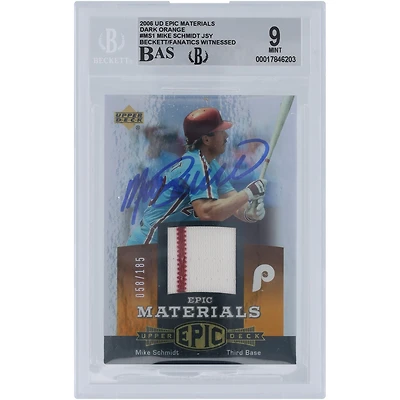 Maillot bicolore orange foncé à rayures fines signé Mike Schmidt des Phillies de Philadelphie 2006, relique #EM-MS1 #/185, carte authentifiée 9/10, témoin des fanatiques de Beckett
