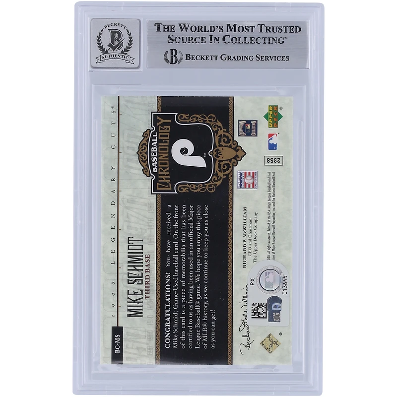 Mike Schmidt Philadelphia Phillies Autographié 2006 Upper Deck Legendary Cuts Baseball Chronology Materials Bat Relic #BC-MS Beckett Fanatics Witnessed Authenticated 10 Card