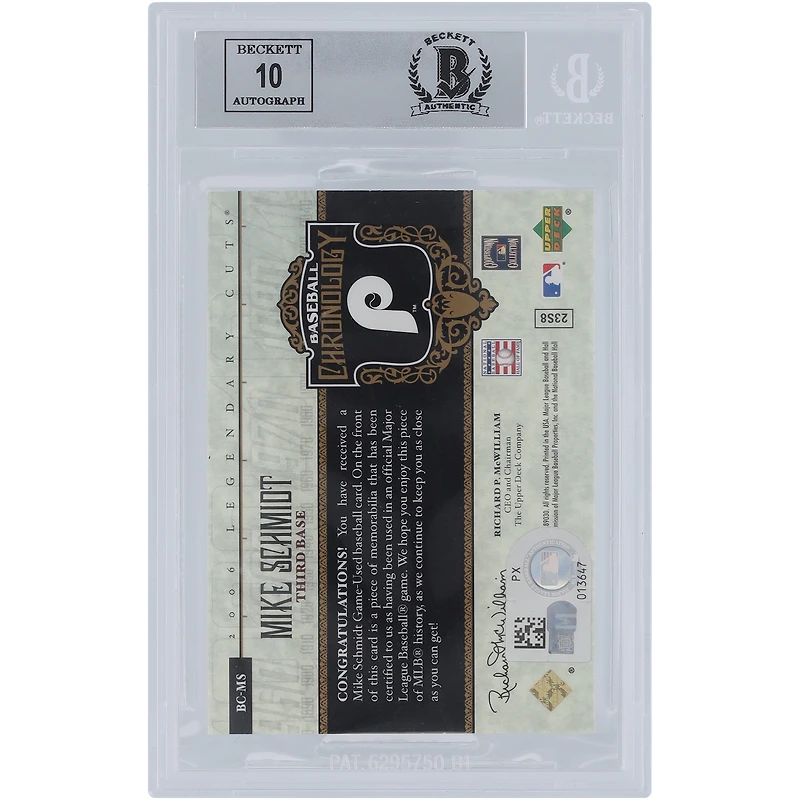 Mike Schmidt Philadelphia Phillies Autographed 2006 Upper Deck SP Legendary Cuts Baseball Chronology Bat Relic #BC-MS Beckett Fanatics Witnessed Authenticated 9/10 Card