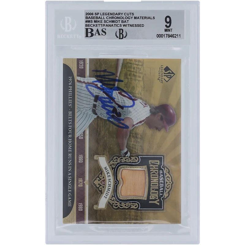 Mike Schmidt Philadelphia Phillies autographié 2006 Upper Deck SP Legendary Cuts Baseball Chronology Bat Relic #BC-MS Beckett Fanatics Witnessed Authenticated 9/10 Card