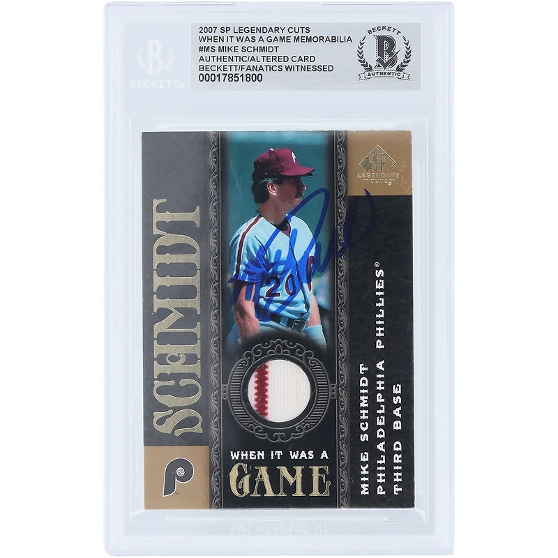 Mike Schmidt Philadelphia Phillies autographié 2007 Upper Deck SP Coupes légendaires quand c'était un jeu Souvenirs Relique bicolore #WG-MS Beckett Fanatics a été témoin d'une carte authentifiée
