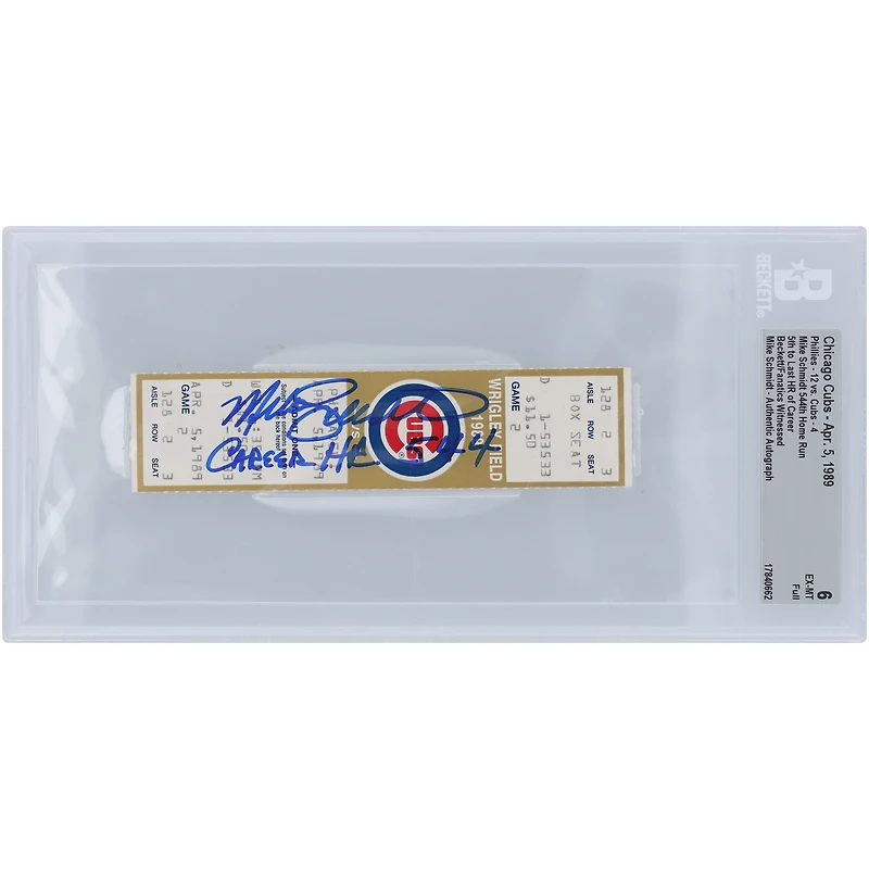 Mike Schmidt, des Phillies de Philadelphie, a autographié le 5e au dernier coup de circuit de Beckett, un billet authentifié du 5 avril 1989 avec l'inscription « Career HR 544 »