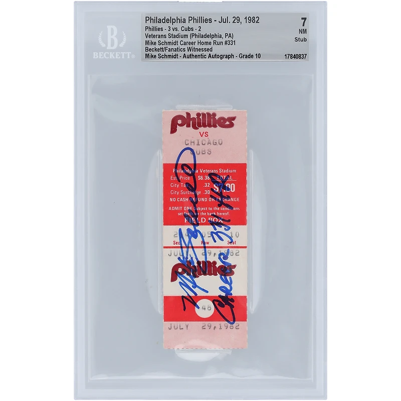 Mike Schmidt Philadelphia Phillies Autographié Career Home Run #331 Beckett Fanatics Witnessed Authentifié 7/10 Ticket du 5 avril 1989 avec l'inscription « Career HR 331 »