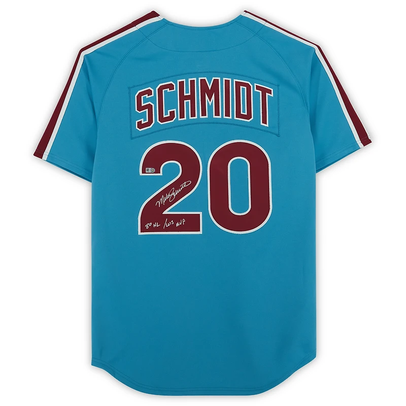 Maillot authentique Mitchell & Ness bleu clair de 1980, signé par Mike Schmidt des Phillies de Philadelphie, avec inscription « 80 NL/MVP ».