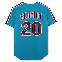Maillot authentique Mitchell & Ness bleu clair de 1980, signé par Mike Schmidt des Phillies de Philadelphie, avec inscription « 80 NL/MVP ».