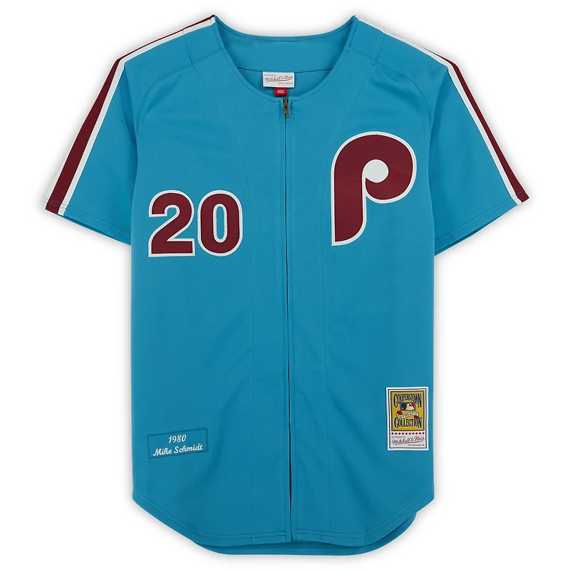 Maillot authentique Mitchell & Ness bleu clair de 1980, signé par Mike Schmidt des Phillies de Philadelphie, avec inscription « 80 NL/MVP ».