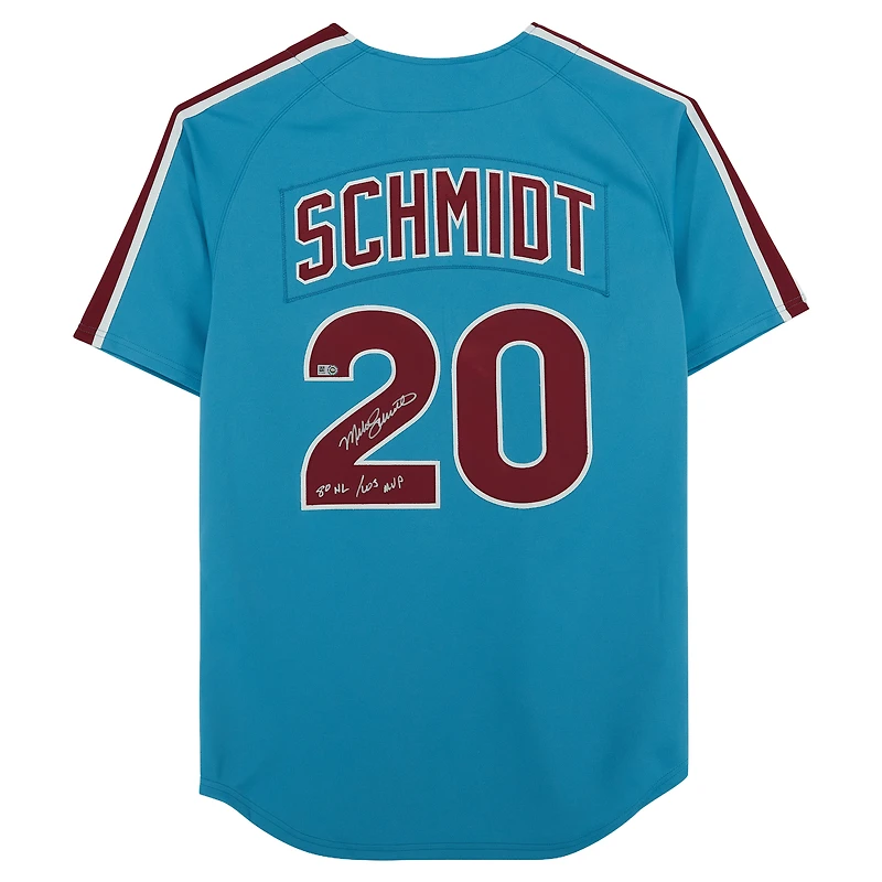 Maillot authentique Mitchell & Ness bleu clair de 1980, signé par Mike Schmidt des Phillies de Philadelphie, avec inscription « 80 NL/MVP ».