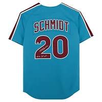 Maillot authentique Mitchell & Ness bleu clair de 1980, signé par Mike Schmidt des Phillies de Philadelphie, avec inscription « 80 NL/MVP ».
