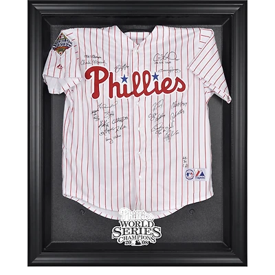 Maillot encadré noir avec logo des Phillies de Philadelphie, champions des Séries mondiales 2008. Vitrine pour maillot.