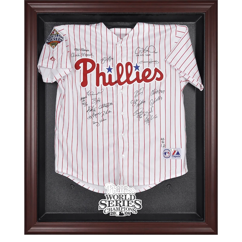 Vitrine de présentation du maillot avec logo encadré en acajou des champions de la série mondiale 2008 des Phillies de Philadelphie