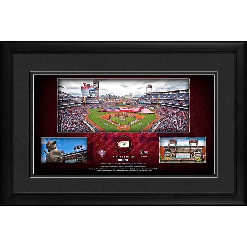 Collage panoramique encadré du stade des Philadelphia Phillies de 10" x 18" avec un morceau de baseball utilisé lors du match - Édition limitée à 500 exemplaires