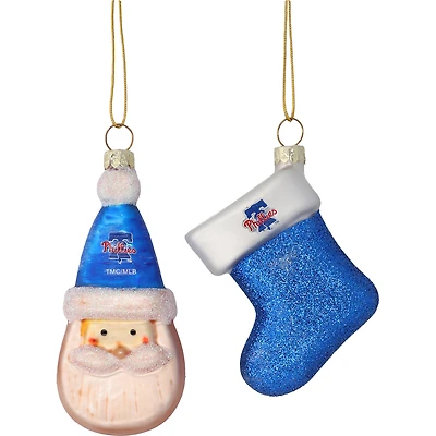 Ensemble de deux ornements en verre soufflé Père Noël et bas des Phillies de Philadelphie