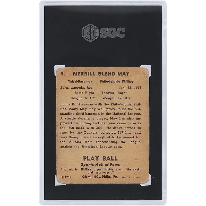 Pinky May Philadelphia Phillies 1941 Play Ball #9 SGC 2 cartes authentifiées
