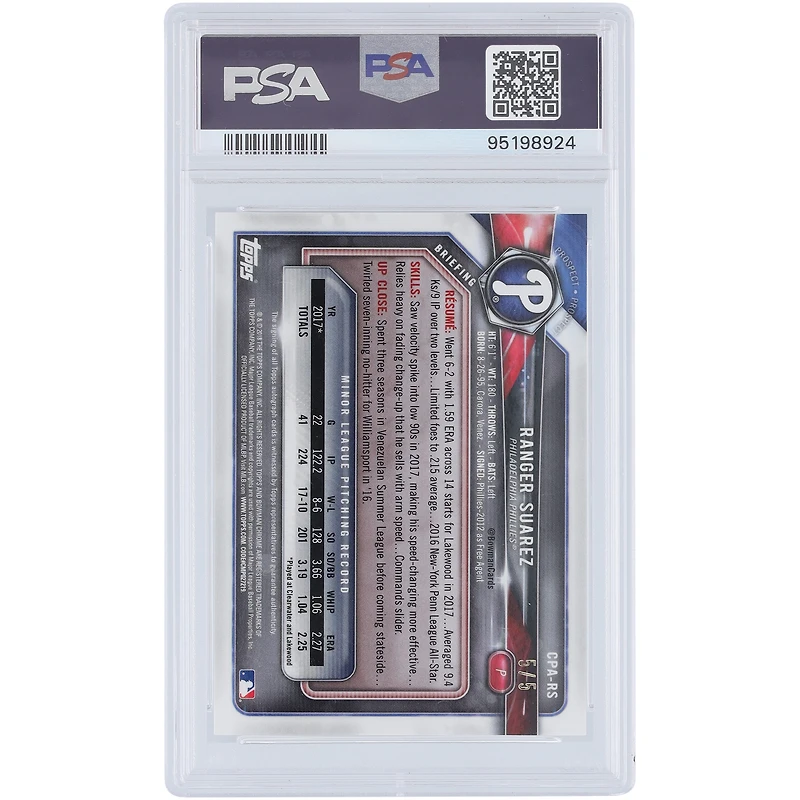 Carte autographiée par Ranger Suárez des Phillies de Philadelphie, édition 2018 Bowman Chrome 1ère édition Bowman Red Refractor #CPA-RS #5/5, authentifiée par PSA 9.