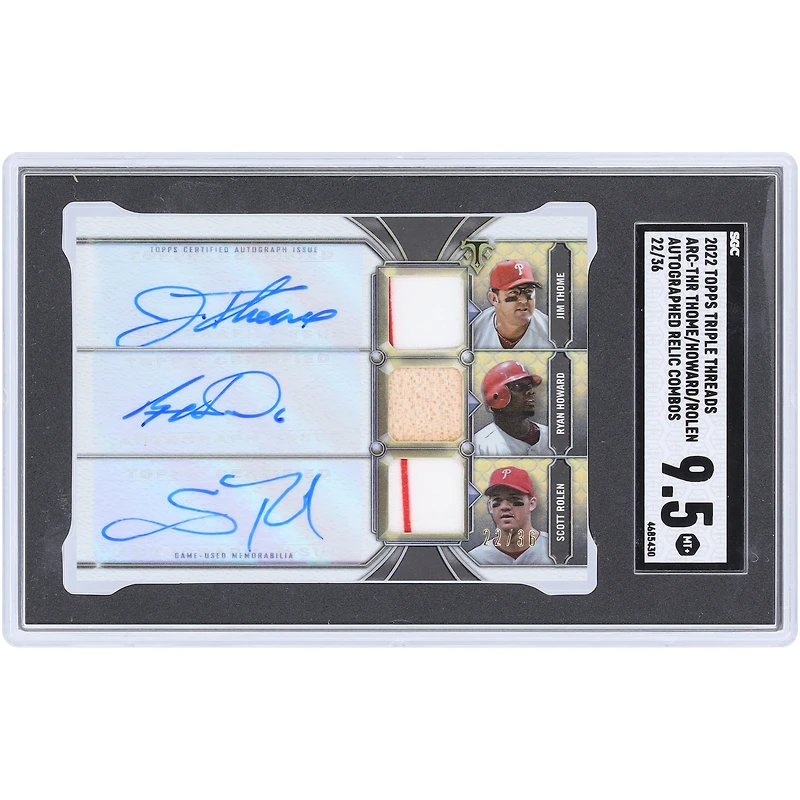 Scott Rolen, Ryan Howard & Jim Thome Philadelphia Phillies Autographed 2022 Topps Triple Threads 3 Relic Combo #ARC-THR #22/36 SGC Authenticated 9.5 Card