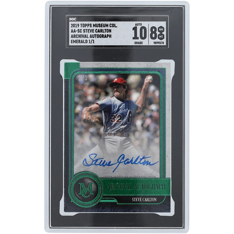 Steve Carlton Philadelphia Phillies Autographed 2019 Topps Museum Collection Emerald #AA-SC #1/1 SGC Authenticated 8/10 Card