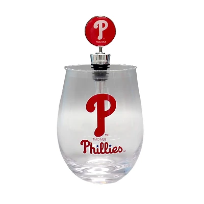 Verre à vin sans pied Philadelphia Phillies de 15 oz de The Memory Company avec bouchon pour bouteille de vin