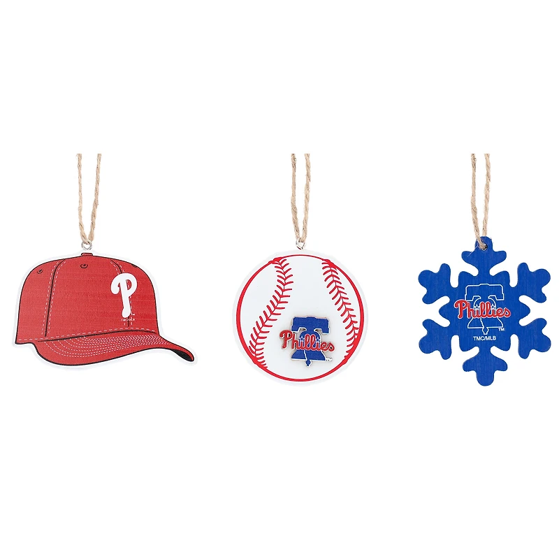 The Memory Company Philadelphia Phillies Lot de trois casquettes, baseball et ornements en forme de flocon de neige
