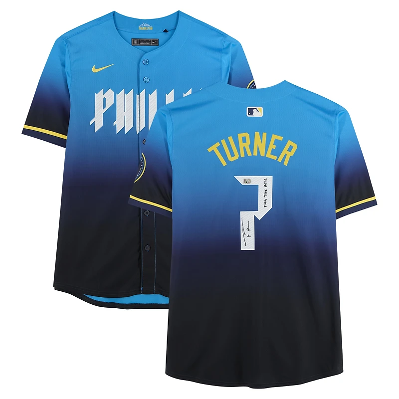 Maillot bleu Nike City Connect Limited autographié par Trea Turner des Phillies de Philadelphie avec inscription « Sing The Bell »