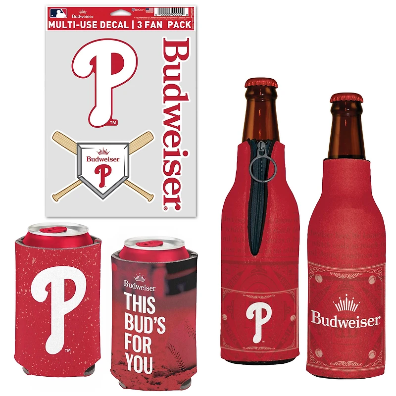 WinCraft Philadelphia Phillies MLB x Budweiser Refroidisseur de canettes, refroidisseur de bouteilles et pack d'autocollants