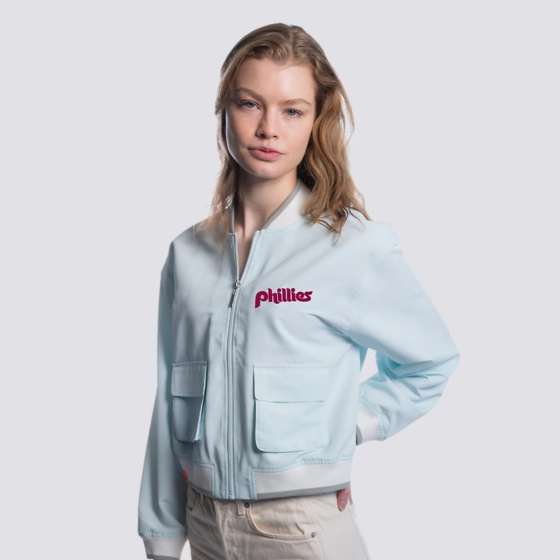 Veste courte à fermeture éclair intégrale bleu clair pour femme Lusso Philadelphia Phillies Paisley
