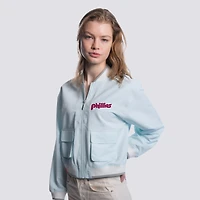 Veste courte à fermeture éclair intégrale bleu clair pour femme Lusso Philadelphia Phillies Paisley
