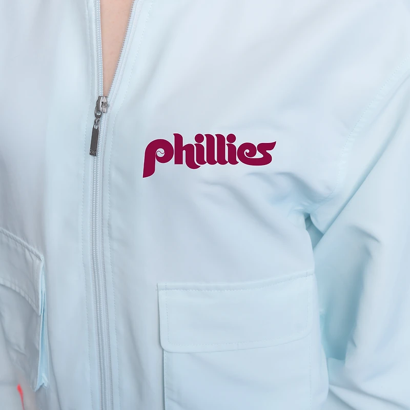Veste courte à fermeture éclair intégrale bleu clair pour femme Lusso Philadelphia Phillies Paisley