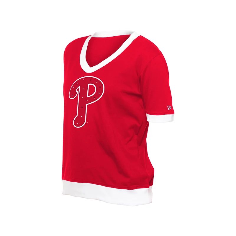 Women's New Era Red Philadelphia Phillies Game Day Rhinestone V-Neck T-Shirt