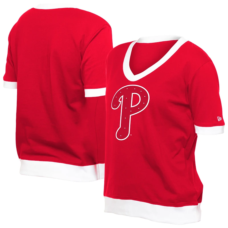 T-shirt à col en V rouge strass pour femme New Era Philadelphia Phillies Game Day