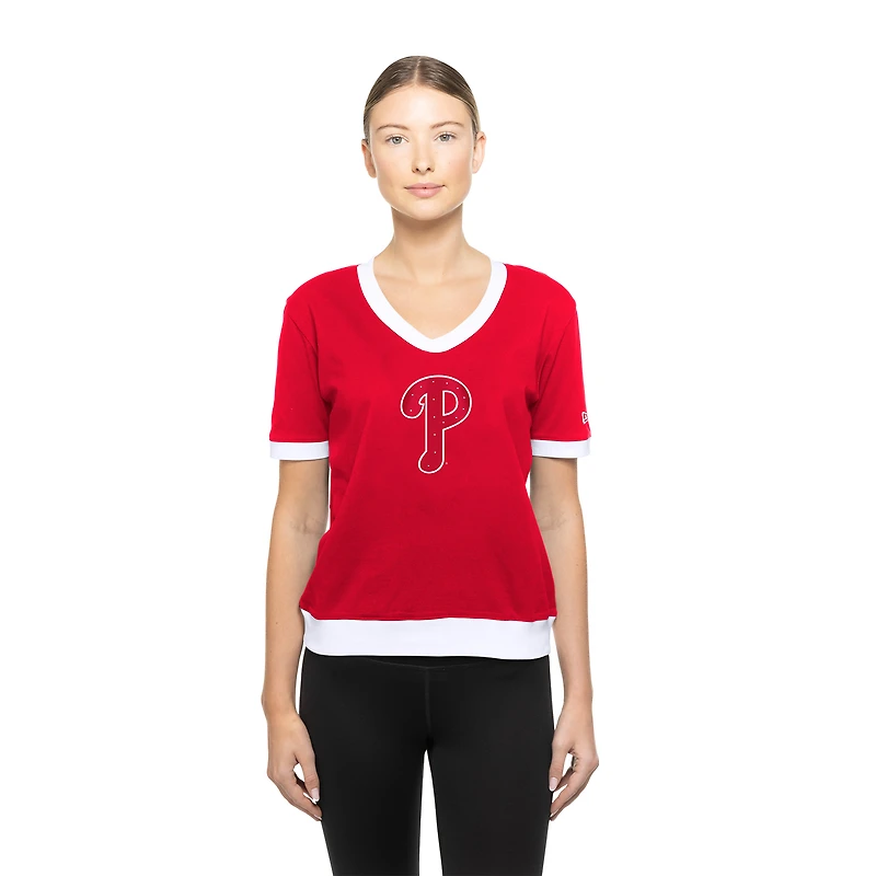 Women's New Era Red Philadelphia Phillies Game Day Rhinestone V-Neck T-Shirt